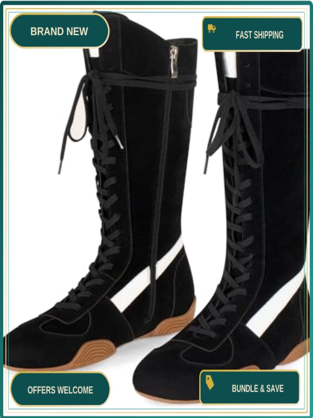 Faux Suede Knee High Lace Up Boxing Boots Side Zipper Non-Slip Sole